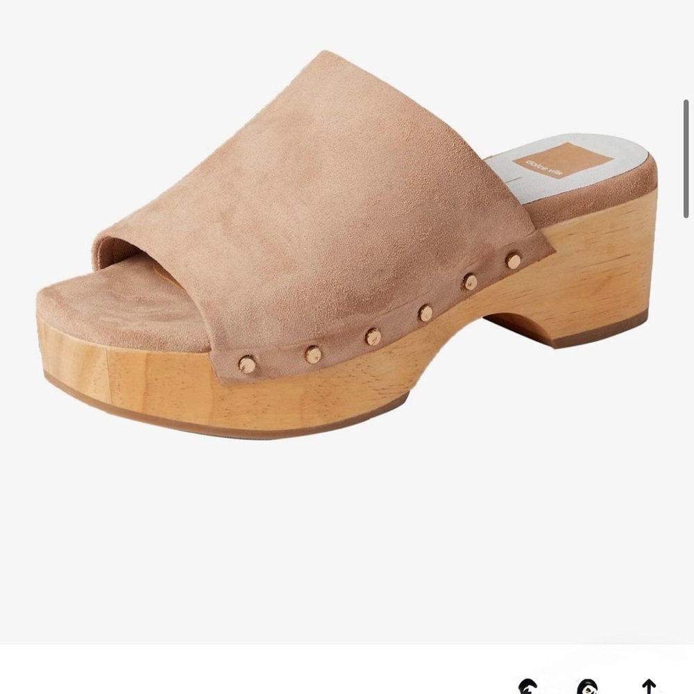 Dolce Vita Suede Slide Sandal Wooden Sole, Brass Studded Details. Like New.